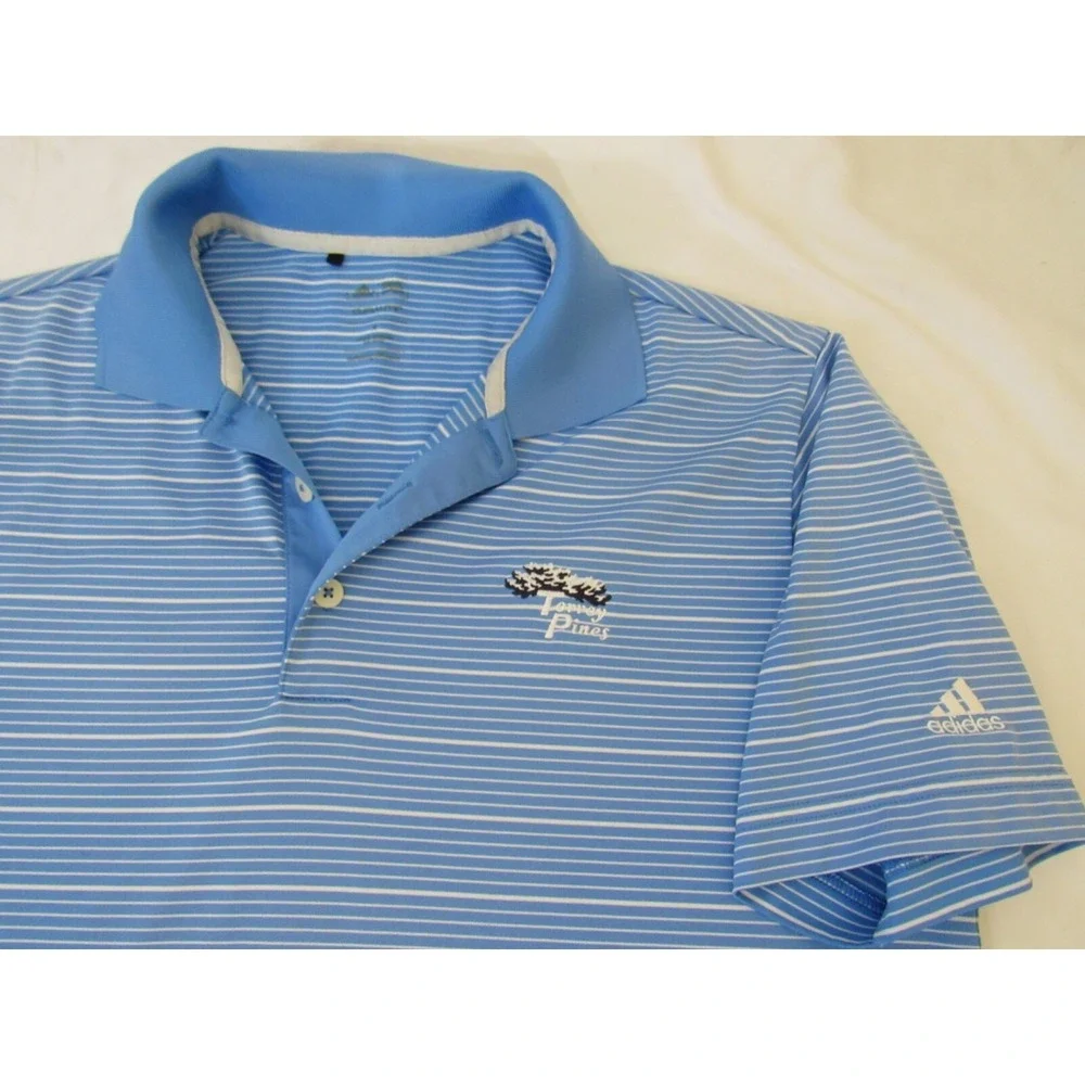 Adidas Polo Mens Size M Striped Blue TORREY‎ PINES Short Sleeve Golf Shirt